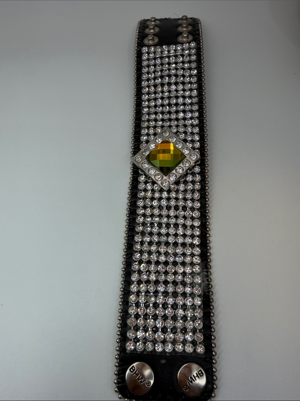 BHW Y2K Wide Black Leather Rhinestone Snap Cuff Bracelet  Crystal